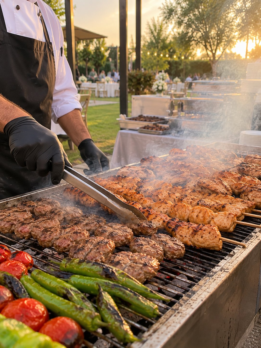 Sofraza barbekü davetinde mangal ustası köfte ve tavuk şiş pişiriyor