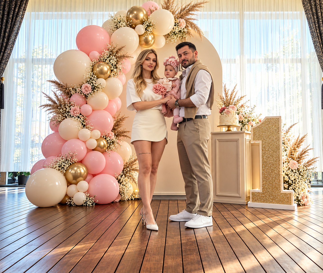 Sofraza 1 yaş doğum günü organizasyonu - pembe, krem ve altın balon süsleme