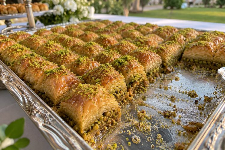 Sofraza barbekü davetinde gümüş tepside fıstıklı baklava