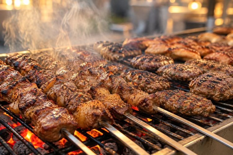 Sofraza barbekü kömür ateşinde et şiş ve köfte